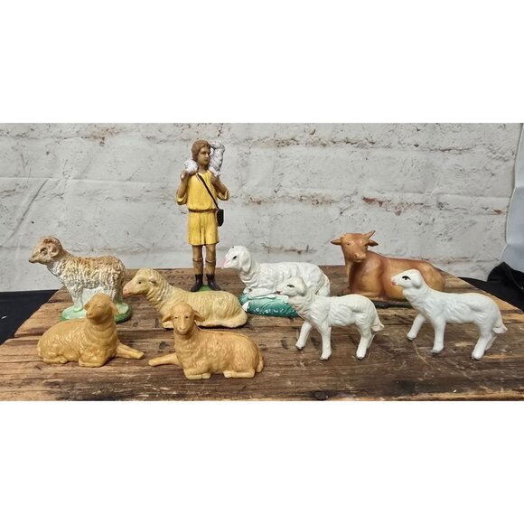 9 Vintage Painted Nativity Scene Figurines Set Shepherd Sheep Lambs Cattle Resin - Picture 1 of 5